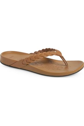 Olukai Womens Lei Leather Flip Flop Sandals In Tan