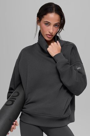 Alo | Hazy Mock Neck Pullover Top in Anthracite, Size: Small