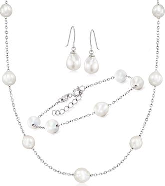 Ross-Simons 6-8mm Cultured Semi-Baroque Pearl Jewelry Set: Necklace, Bracelet and Drop Earrings in Sterling Silver