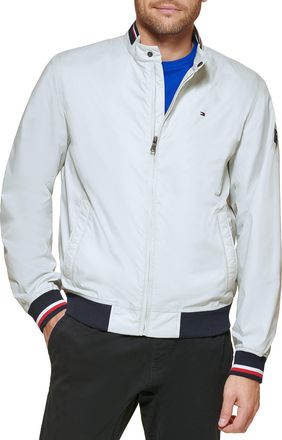 Tommy Hilfiger Mens Lightweight Varsity Rib Knit Bomber Jacket Shell, Ice Poly, XL