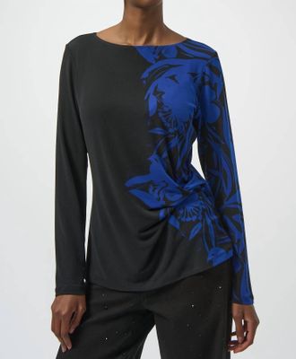 Joseph Ribkoff Floral Print Straight Top In Black/royal Sapphire