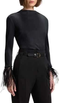 BOSS Efedera Texture Feather Cuff Top in Black at Nordstrom, Size X-Large