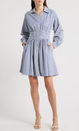 Julia Jordan Stripe Long Sleeve Seersucker Mini Shirtdress in Blue Multi at Nordstrom, Size 16