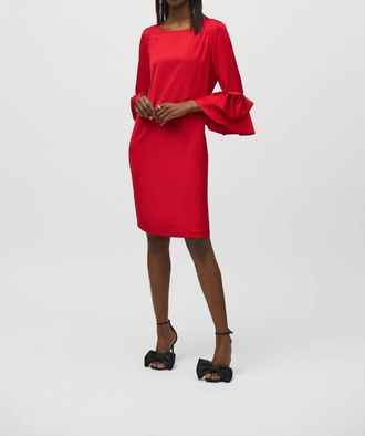 Joseph Ribkoff Satin Ruffle Sleeve Straight Dress In Lipstick Red