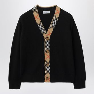 Burberry Black Cardigan With Check Motif Trims