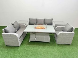 Fimous Patio PE Wicker 6 Seater Outdoor Rattan Furniture Sofa Sets w/ Firepit Dining Table Reclining Chair Loveseat Sofa 3 Seater Sofa 2 Side Table