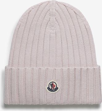 Moncler Rippstrickm&uuml;tze mit Umschlag und Hahnenlogo