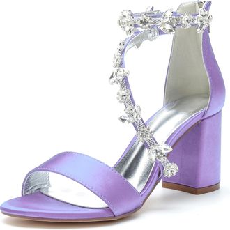 Generic Wedding Shoes Bridal Satin Block Heels Open Toe Chunky Heels Bridal Shoes Womens High Sandals 8Cm,Light Purple,10 UK