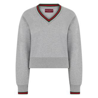 Gucci Cotton jersey sweatshirt with Web - female - Gucci - V-neck Knitwear - Gray - XS - Knitwear