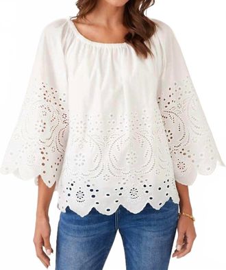 Karen Kane Cut-Out Embroidery Flare Sleeve Peasant Top In Off White