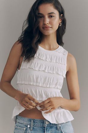 Maeve Cotton Shirred Ruffle Tank Top