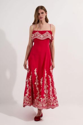 Karen Millen Womens Tall Embroidered Applique Strappy Midi Dress - Coral - Size 10 UK