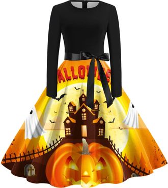 Generic Halloween Costumes Woman 2025 1950s Retro Zombie Round Neck Long Sleeve Audrey Dress Hepburn Belted Swing Party Rockabilly Wedding Guest Midi Evening 