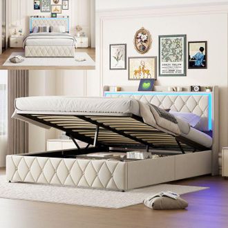 OEM Cama Lit 140x200 Cm De Terciopelo Beige Con Led Regulable Y Puerto Usb - Somier De Lamas