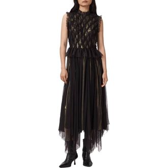 AllSaints Lola Metallic Tulle Asymmetric Midi Dress in Black/metallic Gold at Nordstrom, Size 10