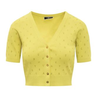 Elisabetta Franchi Cardigans, female, Yellow, Size: XL Cropped Cardigan with Rhinestone Lettering