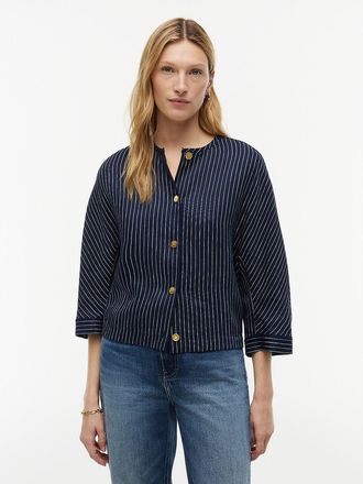 Tommy Hilfiger Womens Gold-Button Striped Linen-Blend Blouse - Pinstripe Navy - 10