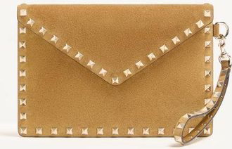 Valentino Garavani Rockstud Suede Clutch Bag Woman HAVANA BEIGE UNI