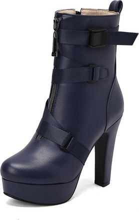 Generic Womens Multi Strap Buckle Ankle Boots PU Leather Round Toe High Block Heels Platform Zip Closure Pull Tab Stylish Durable Design,Blue,9.5 UK