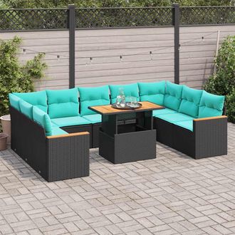 vidaXL Vidaxl Set De Sof&aacute;s De Jard&iacute;n Y Cojines 10 Pzas Rat&aacute;n Sint&eacute;tico Negro