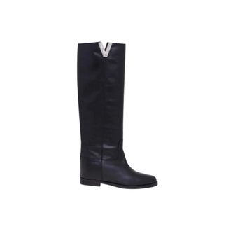 Via Roma 15 Black Leather High Boots with Crystal V Application - female - Via Roma 15 - High Boots - Black - 4 UK - Shoes