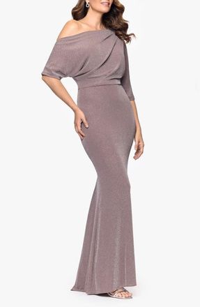 Betsy & Adam Shimmer One-Shoulder Gown in Taupe/Silver at Nordstrom, Size 12