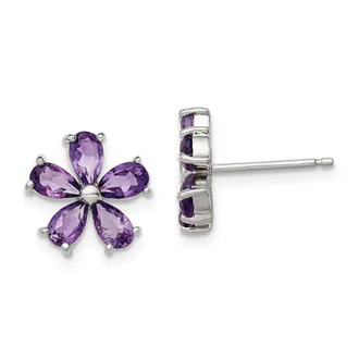 Diamond2Deal Sterling Silver Rhodium Plated Amethyst Floral Stud Earrings