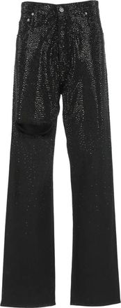 Golden Goose Wide Trousers, female, Black, Size: W27 Black Cotton Jeans with Strass Details