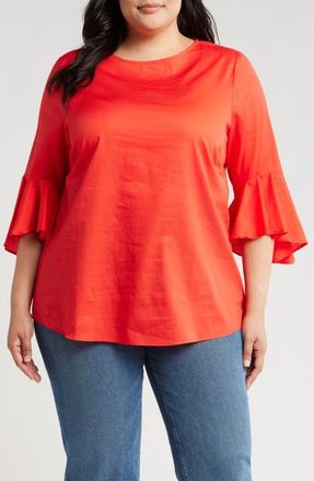 Harshman Malena Flutter Sleeve Cotton Top in Poppy Red at Nordstrom, Size 1X