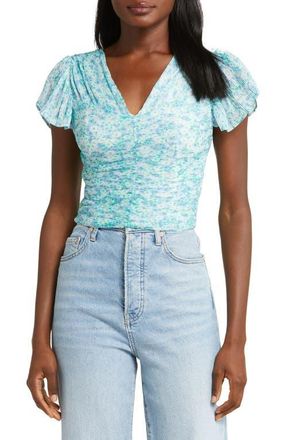 ASTR the Label Floral Pliss&eacute; V-Neck Crop Top in Azure Blue Ditsy at Nordstrom, Size Medium