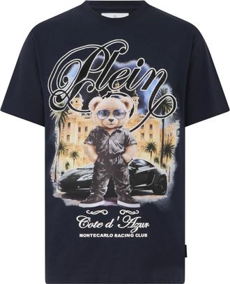 Philipp Plein Tops, Heren, Blauw, 3Xl, Katoen, Round Neck T-Shirt Teddy Racing