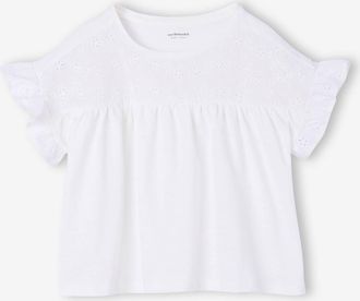 Vertbaudet Blusenshirt mit Volant&auml;rmel und Lochstickerei, M&auml;dchen wollwei&szlig;