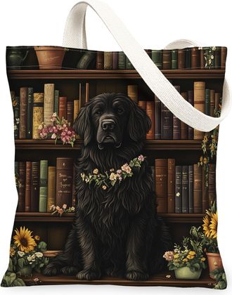 Generic Spring NewFoundland Dog Canvas Tote Bag for Shopping 13x15, Flower Bookshelf Puppy Reusable Grocery Print Bag for Women, Fun Pet Beach Aesthetic Paint