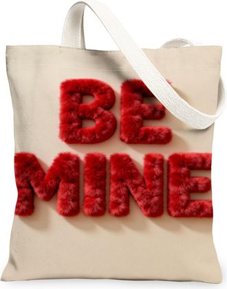 Generic ValentineS Day Canvas Tote Bags, Furry Text Pattern Reusable Shopping Bags, Lightweight Washable Shoulder Strap Canvas for, Beige, 13x15 Inch