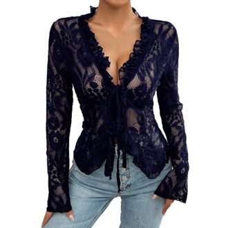 Generic V Neck T Shirts Women s Lace Crop Tops Long Sleeve Tie Up Front Solid Color Slim Fit T Shirts See Through Blouses Long Sleeve Stretch Top Womens Deals