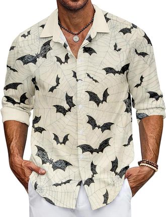Generic Funny Halloween Shirts for Men Novelty Long Sleeve Printed Regular Fit Button Down Shirt for Halloween Masquerade Parties (UK, Alpha, XXL, Regular, Re