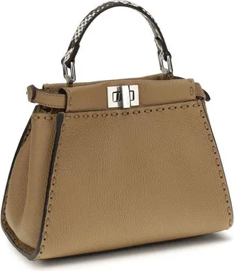 Fendi Womens Peekaboo Top Handle Bag Beige Calf Leather Bos