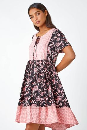 Roman Floral Border Print Smock Skater Dress
