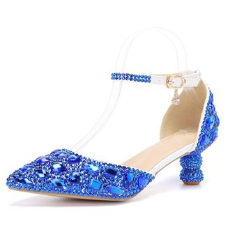 Minitoo Womens Closed Toe Low Heel Wedding Formal Party Pumps Shoes with Decoration G002 Royal Blue Rhinestone UK 7.5