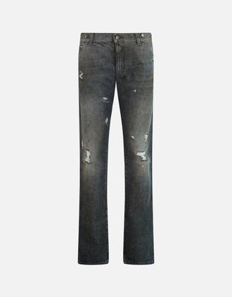 Dolce & Gabbana Mens Dolce & Gabbana Leather Plaque Slim Dirt Look Grey Jeans - Size: 32/32