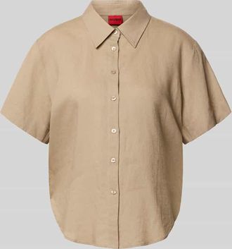HUGO BOSS Loose Fit Kurzarmblusen aus Leinen-Viskose-Mix Modell ENCANTADA in Beige, Gr&ouml;&szlig;e 32