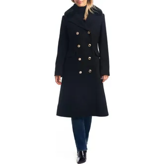 Vince Camuto Double Breasted Wool Blend Coat with Removable Faux Fur Collar in Black at Nordstrom Rack, Size X-Large
