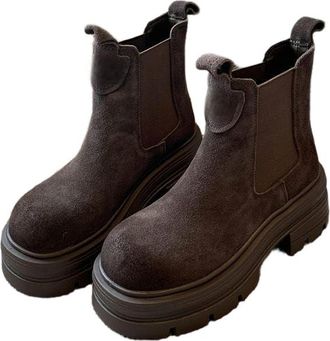 Generic QXDZSW Womens Boots Retro Matte Cowhide Chelsea Thi Bot Heightening ort Boots Round Toe Brown