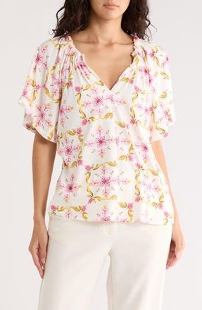 Bobeau Ruffle Split Neck T-Shirt in Yellow/Pink Tile- at Nordstrom Rack, Size X-Large