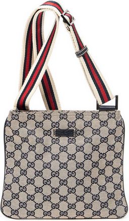 Gucci Beige & Navy Monogrammed Canvas Web Small Flat Crossbody (Authentic Pre- Loved)