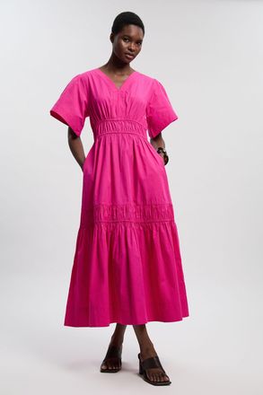 Karen Millen Womens Cotton Woven Shirred Tiered Short Sleeve Maxi Dress - Pink - Size 12 UK