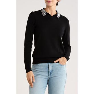 Sofiacashmere Embellished Collar Polo in Black at Nordstrom Rack, Size X-Small