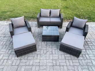 Fimous 6 Seater Rattan Outdoor Garden Furniture Sofa Set Table & Chairs with 2 Big Footstool Dark Grey Mixed