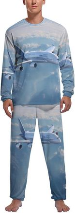 Generic Blue Sky Flying Aircraft Airplane Mens Pyjama Set Soft Long Sleeve Sleepwear Lounge Set Pjs