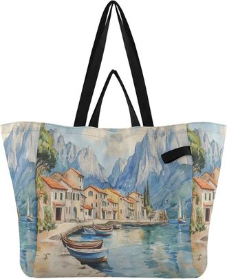 Generic Village Mountain Beige pattern Reusable Canvas Tote Bag, Heavy Duty Grocery Shopping Bag with Hard Bottom Large Capacity Double Handles Work Groceries